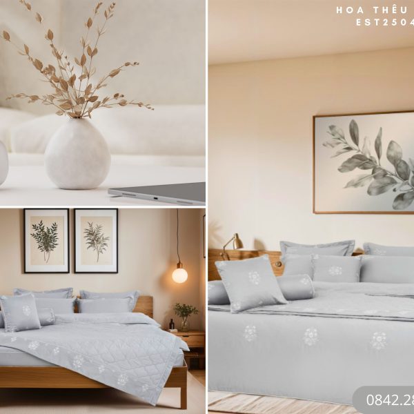 Bộ chăn ga gối Evron Hoa Thêu Xám - EST25042