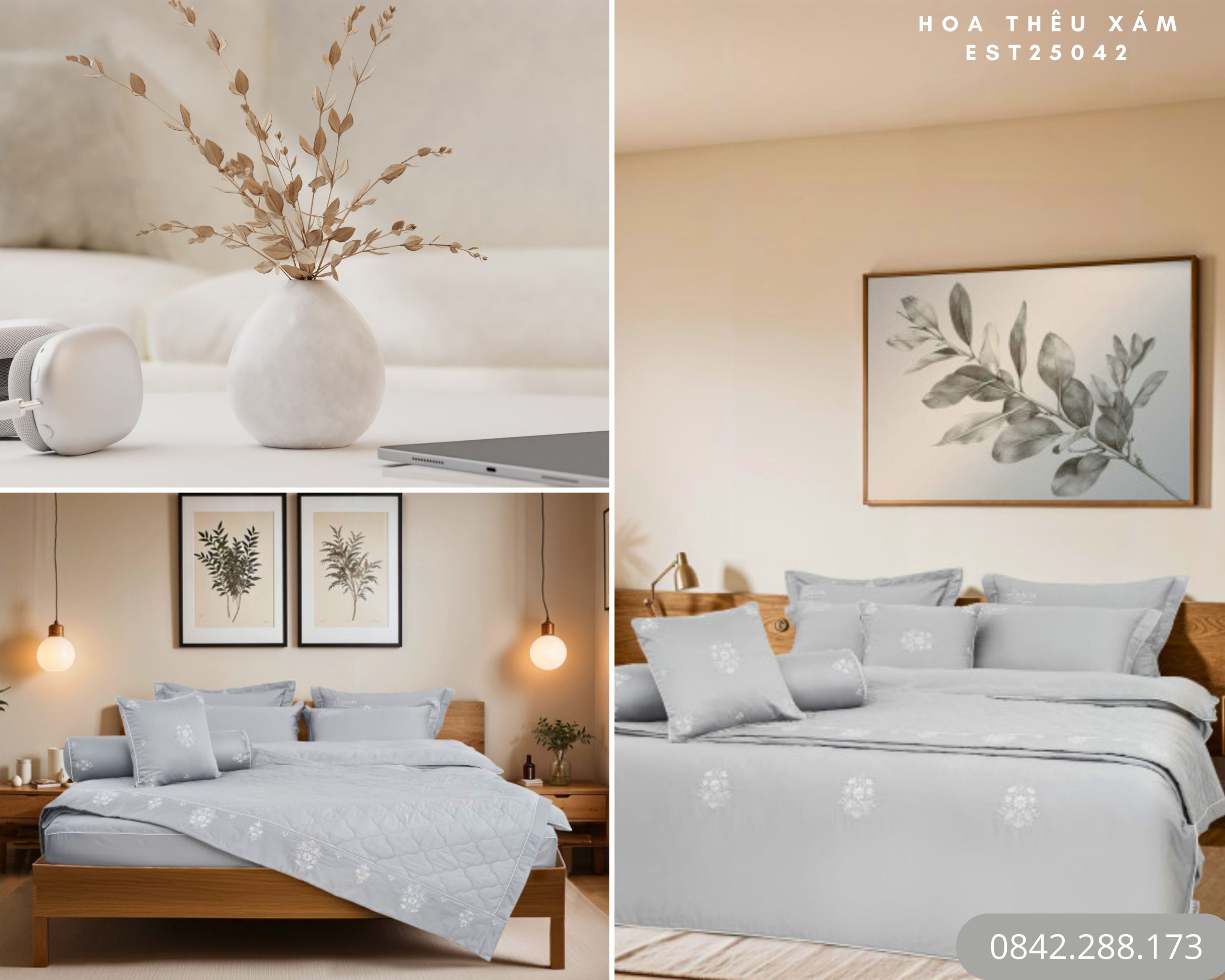 Bộ chăn ga gối Evron Hoa Thêu Xám - EST25042