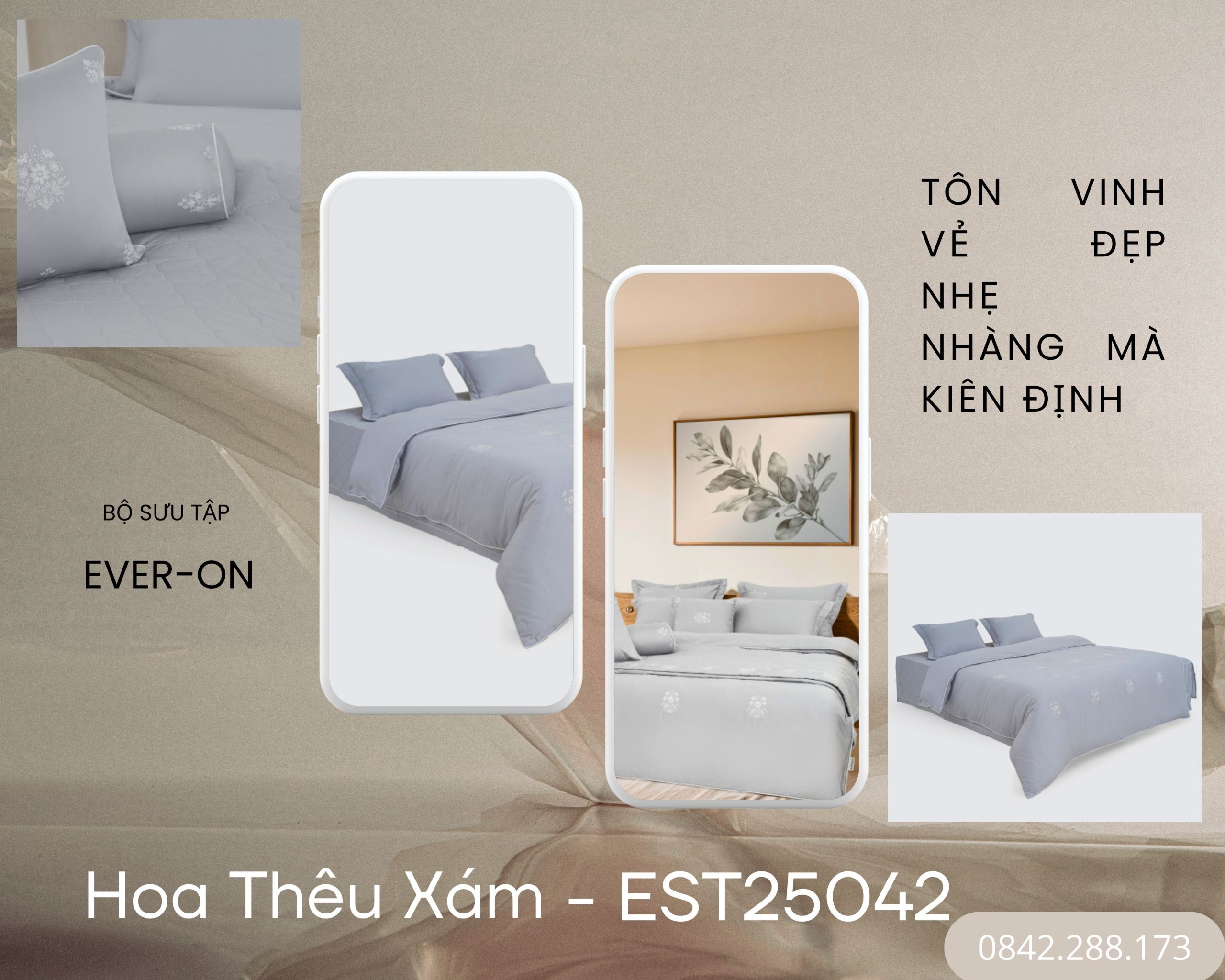 Bộ chăn ga gối Evron Hoa Thêu Xám - EST25042