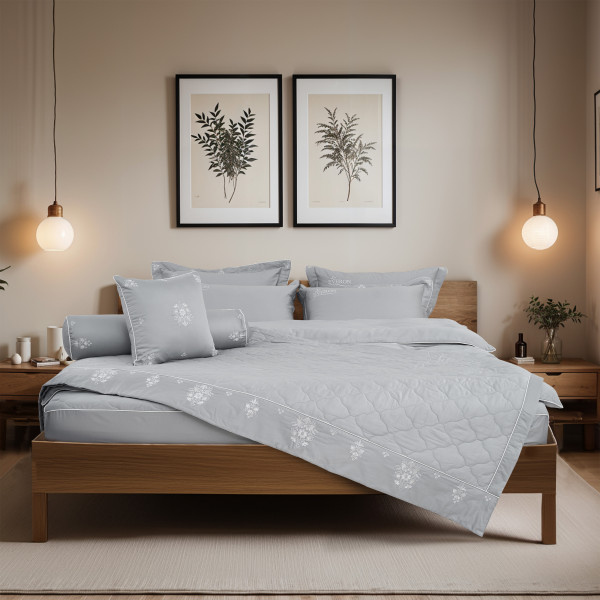 Bộ chăn ga gối Evron Hoa Thêu Xám - EST25042 Bộ chăn ga gối Evron Hoa Thêu Xám - EST25042