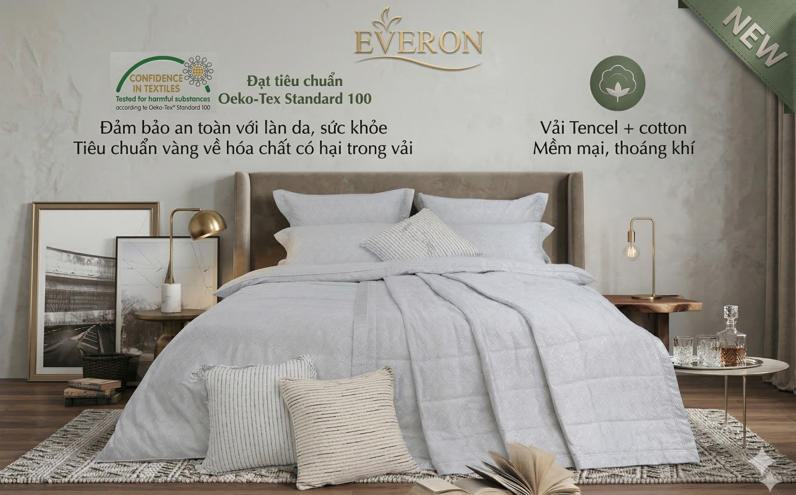Mẫu chăn ga gối EVERON EPTC 25037 Kỷ Hà Xám vải Tencel cao cấp